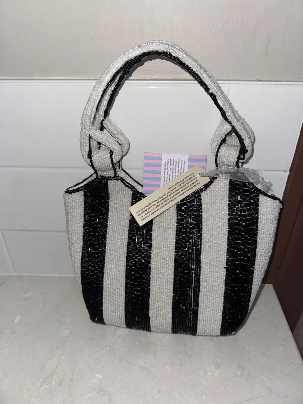 Hand-Beaded Black & White Stripe Women's Tote